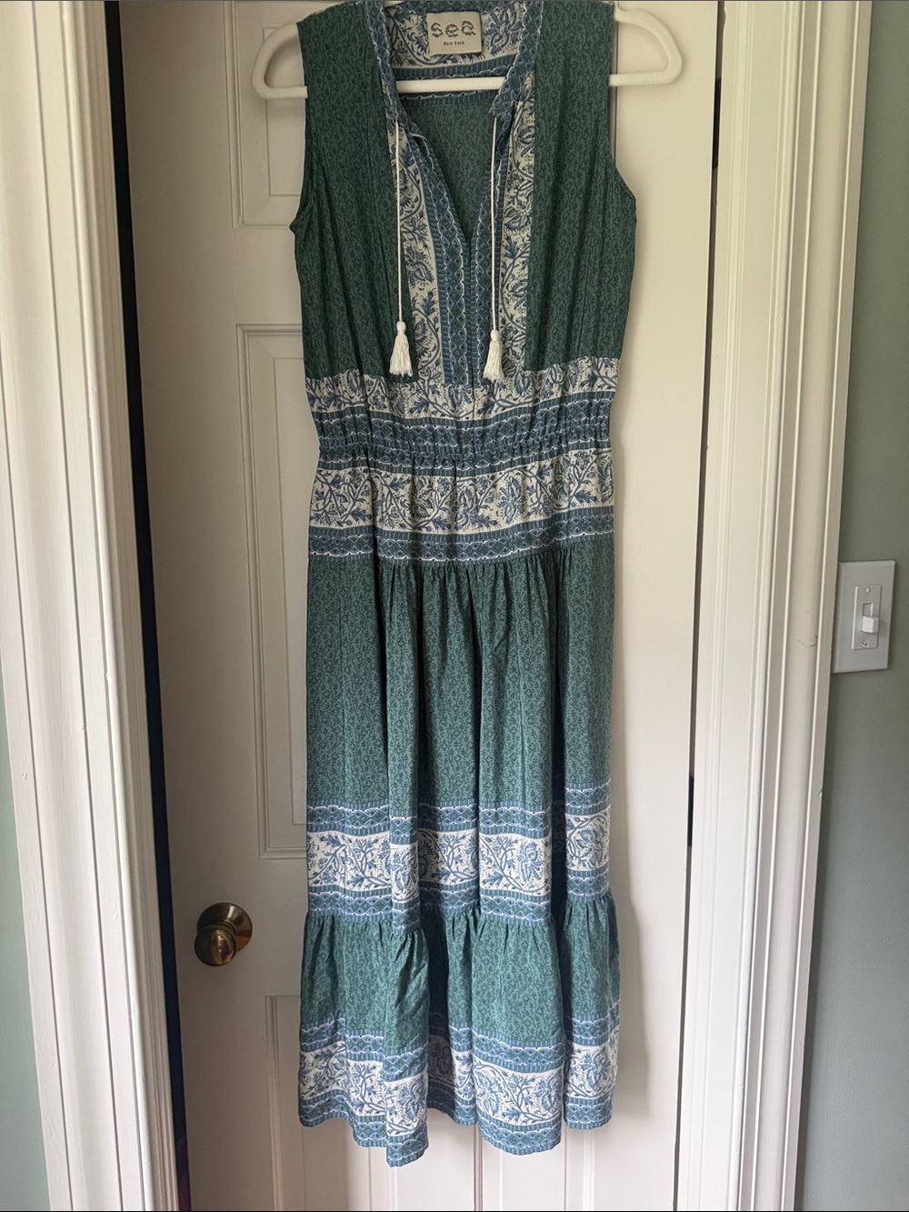 Sea New York Green and White Tiered Maxi Dress